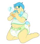  anthro blue_hair canine cuddlehooves diaper dog drinking fur hair infantilism kneeling male mammal simple_background solo white_background yellow_fur 