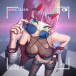  1girl alternate_costume bangs breasts darling_in_the_franxx gloves green_eyes horns image_sample jacket long_hair oni pantyhose pink_hair smile standing sunglasses tumblr_sample zero_two_(darling_in_the_franxx) 