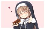  bangs blush closed_eyes eating eclair_(food) food food_on_face foodgasm fujita_758634 habit hand_on_own_cheek heart light_brown_hair long_hair nijisanji nun sister_cleaire solo virtual_youtuber zipper zipper_pull_tab 