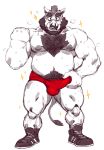  2017 anthro beard biceps big_muscles black_hair blush boar body_hair bulge chest_hair clothed clothing erection erection_under_clothes facial_hair footwear hair looking_at_viewer male mammal mohawk musclegut muscular muscular_male mustache nipples pecs penis_outline porcine red_underwear shoes simple_background slightly_chubby solo sparkle sweat taoren topless underwear white_background 