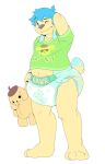  anthro barefoot blue_hair canine cuddlehooves diaper dog fur hair infantilism male mammal plushie simple_background solo white_background yellow_fur 