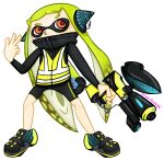  2018 agent_3 alpha_channel cephalopod clothing collar female full_body green_hair hair headphones hi_res humanoid inkling marine mask nintendo not_furry signature solo splatoon squid superpooper24 tentacles v_sign video_games weapon 