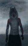  anthro black_eyes canine clothed clothing fur hair hi_res looking_at_viewer male mammal reykat solo standing tattoo topless 