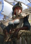  bangs belt bird blurry blurry_background breasts character_request choker closed_mouth cloud collarbone commentary gloves hair_between_eyes hat highres league_of_legends lejia_chan long_hair long_sleeves looking_at_viewer md5_mismatch pirate_costume pirate_hat realistic red_hair sails sarah_fortune ship shoulder_pads sky solo watercraft 