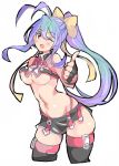  1girl blazblue blazblue:_central_fiction blazblue_variable_heart blue_hair breasts cosplay empe0317 enpe hair_ribbon large_breasts mai_natsume makoto_nanaya_(cosplay) muscle purple_hair solo stomach tagme thighhighs thighs underboob 