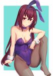  animal_ears blush bow bowtie breasts bunny_ears bunnysuit collarbone covered_navel detached_collar fate/grand_order fate_(series) flower large_breasts leg_up leotard long_hair looking_at_viewer mo_shi no_shoes pantyhose purple_flower purple_hair purple_rose red_eyes rose scathach_(fate)_(all) scathach_(fate/grand_order) seamed_legwear solo strapless strapless_leotard toes two-tone_background wrist_cuffs 