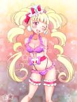  ;d aisaki_emiru alternate_costume arms_behind_back bangs bikini blonde_hair blunt_bangs blush breasts checkered checkered_background cleavage commentary_request cure_macherie eyebrows_visible_through_hair frilled_bikini frills gradient gradient_background hair_ornament highres hugtto!_precure kaatsukun leg_garter long_hair looking_at_viewer magical_girl medium_breasts one_eye_closed open_mouth pink_bikini precure red_eyes smile solo sparkle standing star starry_background swimsuit twintails very_long_hair 