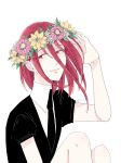  androgynous colored_eyelashes eeennnka eyebrows_visible_through_hair flower gem_uniform_(houseki_no_kuni) hair_between_eyes happy head_wreath houseki_no_kuni long_bangs looking_at_viewer necktie red_eyes red_hair shinsha_(houseki_no_kuni) short_hair smile solo white_background 