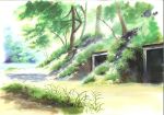  calligraphy_brush_(medium) commentary day forest grass highres hotaru_no_haka nature no_humans outdoors river takahata_isao traditional_media tree watercolor_(medium) 