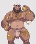  2018 5_fingers anthro arm_hair balls beard biceps body_hair bracelet cellphone chest_hair clothing ear_piercing facial_hair glans gold_(metal) gold_jewelry gold_necklace humanoid_penis jewelry jewely loincloth male mammal musclegut muscular muscular_male navel nipple_piercing nipples overweight overweight_male pecs penis phone piercing pig porcine pose selfie simple_background solo standing suntan tan_line taoren translucent transparent_clothing 