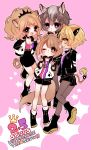  :d animal_ears big_hair black_footwear black_shorts blonde_hair blush boots breasts bright_pupils brown_hair brown_legwear cheety_(show_by_rock!!) chino_machiko cleavage closed_mouth fennery_(show_by_rock!!) hair_ornament hairclip hands_up jacket jewelry laina_(show_by_rock!!) multiple_girls necklace one_eye_closed open_clothes open_jacket open_mouth orange_eyes pantyhose pink_background ponytail purple_eyes red_eyes shorts show_by_rock!! simple_background smile socks tail white_legwear yellow_eyes zebrina_(show_by_rock!!) 