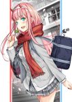  aqua_eyes bag blazer blurry blurry_background blush candy darling_in_the_franxx fang food hairband hiro_(darling_in_the_franxx) hiroki_(hirokiart) horns jacket lollipop long_hair looking_at_viewer necktie open_mouth petals pink_hair pleated_skirt red_scarf scarf school_uniform skirt solo walking white_hairband zero_two_(darling_in_the_franxx) 