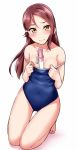  areolae bare_shoulders barefoot between_breasts blue_swimsuit blush breasts collarbone commentary_request competition_school_swimsuit covered_navel covering_nipples glowstick hair_ornament hairclip kneeling long_hair looking_at_viewer love_live! love_live!_sunshine!! one-piece_swimsuit red_hair sakurauchi_riko small_breasts solo swimsuit swimsuit_pull thigh_gap white_background yellow_eyes yopparai_oni 