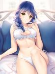  artist_name bed black_hair blush braid breasts cat_lingerie commentary english_commentary frills gigamessy half-closed_eyes looking_at_viewer medium_breasts meme_attire navel on_bed panties parted_lips pillow shokugeki_no_souma side-tie_panties sitting stomach tadokoro_megumi twin_braids underwear window yellow_eyes 