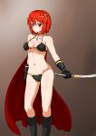  absurdres armor bikini bikini_armor breasts fmg gloves highres holding holding_sword holding_weapon large_breasts left-handed navel original red_eyes red_hair reverse_grip short_hair solo swimsuit sword weapon 