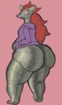  2016 ambiguous_gender anthro big_butt bottomless butt canine clothed clothing fur green_eyes grey_fur hair hi_res hoodie huge_butt looking_at_viewer mammal nintendo nokemop pok&eacute;mon pok&eacute;mon_(species) red_hair solo thick_thighs video_games voluptuous zoroark 