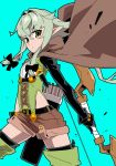  aqua_hair arrow boots bow_(weapon) breasts cape commentary_request elf gangure_(disemboweled) gloves goblin_slayer! green_eyes high_elf_archer_(goblin_slayer!) long_sleeves open_mouth pointy_ears short_hair shorts small_breasts solo thigh_boots thighhighs weapon 