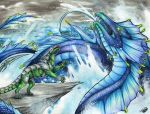  2018 claws day detailed_background dragon duo feral green_eyes horn leviathan natoli open_mouth outside partially_submerged sky spines teeth traditional_media_(artwork) water 