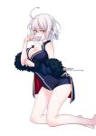  ahoge bangs bare_legs bare_shoulders barefoot blue_coat blue_dress breasts cleavage coat condom condom_in_mouth dress eyebrows_visible_through_hair eyes_visible_through_hair fate/grand_order fate_(series) fur-trimmed_sleeves fur_collar fur_trim grin hair_between_eyes jeanne_d'arc_(alter)_(fate) jeanne_d'arc_(fate)_(all) kneeling large_breasts long_sleeves microdress monzmz mouth_hold off_shoulder open_clothes open_coat patreon_logo patreon_username short_hair silver_hair sleeveless sleeveless_dress smile solo teeth unzipped wicked_dragon_witch_ver._shinjuku_1999 yellow_eyes zipper 