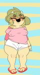  2017 anthro bare_shoulders black_nose blue_background blush bovine bracelet breasts cattle clothing eyes_closed eyewear feet female flip_flops footwear freckles fur glasses green_fur green_hair hair hi_res horn jewelry leg_hair maggie_hudson mammal nipple_bulge pattern_background sandals shirt shorts simple_background slightly_chubby smile solo sprocket_(artist) standing striped_background tan_fur tight_clothing wide_hips yellow_background 