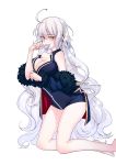  ahoge bangs bare_legs bare_shoulders barefoot blue_coat blue_dress breasts cleavage coat condom condom_in_mouth dress eyebrows_visible_through_hair eyes_visible_through_hair fate/grand_order fate_(series) fur-trimmed_sleeves fur_collar fur_trim grin hair_between_eyes jeanne_d'arc_(alter)_(fate) jeanne_d'arc_(fate)_(all) kneeling large_breasts long_hair long_sleeves microdress monzmz mouth_hold off_shoulder open_clothes open_coat patreon_logo patreon_username silver_hair sleeveless sleeveless_dress smile solo teeth unzipped very_long_hair wicked_dragon_witch_ver._shinjuku_1999 yellow_eyes zipper 