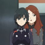  1boy 1girl animated animated_gif bangs black_bodysuit black_hair blue_eyes blush bodysuit breasts brown_hair couple cum darling_in_the_franxx green_eyes hetero hiro_(darling_in_the_franxx) large_breasts long_hair military military_uniform nana_(darling_in_the_franxx) necktie one_eye_closed pilot_suit red_neckwear short_hair sweat tongue_out uniform 