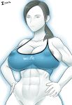  1girl alternate_breast_size areola_slip areolae bottomless breasts erect_nipples gray_impact large_breasts looking_down navel nintendo nipple_piercing nipples no_bra out-of-frame_censoring ponytail shirt simple_background solo white_skin wii_fit wii_fit_trainer 