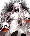  breasts cleavage covered_mouth dress highres horns kantai_collection kibellin large_breasts long_hair looking_at_viewer midway_hime red_eyes shinkaisei-kan solo very_long_hair white_dress white_hair white_skin 