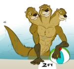  2018 3_heads anthro ball beach_ball brown_fur fur grin kobi_lacroix looking_at_viewer male mammal multi_head muscular muscular_male mustelid nipples nude otter smile solo swimming_pool water webbed_hands 