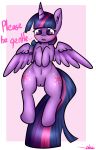  2016 ashee_cakes blush english_text equine feathered_wings feathers female feral friendship_is_magic fur hair hi_res horn looking_at_viewer mammal multicolored_hair my_little_pony purple_eyes purple_feathers purple_fur pussy solo text twilight_sparkle_(mlp) winged_unicorn wings 
