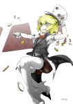  androgynous blonde_hair bow bowtie dice_hair_ornament hair_ornament hat len'en necktie puffy_short_sleeves puffy_sleeves short_hair short_sleeves skirt smile solo thighhighs uminoa_hiru vest white_legwear xeno_a yellow_eyes 