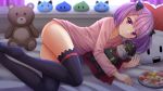  black_legwear blurry blurry_background blush choujigen_game_neptune colonel_olcott_(fate/grand_order) commentary commission depth_of_field dogoo dust_particles english_commentary eyebrows_visible_through_hair fate/grand_order fate_(series) helena_blavatsky_(fate/grand_order) highres kazenokaze looking_at_viewer lying neptune_(series) on_side purple_eyes purple_hair short_hair short_twintails smile stuffed_animal stuffed_toy teddy_bear thighhighs twintails 