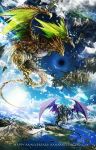  bird blue_sky cloud day dragon english floating_island highres mountain no_humans outdoors sky touka_(jue) water 