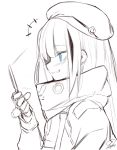  1girl bangs beret blue_eyes cellphone eyebrows_visible_through_hair flip_phone girls_frontline gloves greyscale grin hat long_hair long_sleeves mdr_(girls_frontline) monochrome multicolored_hair phone sidelocks signature simple_background sketch smile smirk solo spot_color streaked_hair tosyeo 