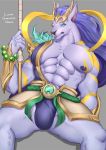  anthro anubian_jackal bulge canine clothing hair jackal league_of_legends male mammal mbvgfw1108 muscular muscular_male nasus_(lol) nipples riot_games simple_background solo video_games 