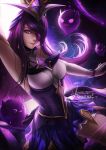  &gt;_&lt; :3 alexandra_mae arm_up banned_artist breasts cleavage elbow_gloves eyepatch gloves hair_ornament league_of_legends lips long_hair magical_girl medium_breasts miniskirt purple_eyes purple_hair signature skirt smile solo star_guardian_syndra syndra watermark web_address 