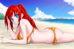  ass back beach bikini blue_eyes breasts day fmg large_breasts long_hair ocean original ponytail red_hair smile swimsuit 
