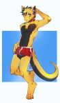  2018 5_fingers abs anthro barefoot bulge clothed clothing collar digital_media_(artwork) dragon hihikori male red_eyes smile solo topless underwear 
