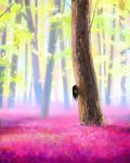  black_eyes black_hair commentary day field flower flower_field flower_request highres ilya_kuvshinov long_hair looking_at_viewer original outdoors peeking_out revision solo tree 