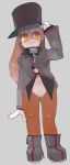  ambiguous_gender anthro boots bottomless clothed clothing collar featureless_crotch footwear front_view hat hi_res lagomorph liteu looking_at_viewer mammal rabbit smile solo standing top_hat vest 