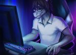  2018 5_fingers anthro brown_eyes brown_hair clothed clothing computer detailed_background dragon eyewear glasses hair lukiri male sitting smile solo 