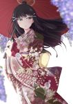  :o back_bow bangs black_hair blurry bow chiro_(bocchiropafe) commentary_request depth_of_field floral_print flower green_eyes hair_ornament hairclip highres holding holding_umbrella japanese_clothes kimono kurosawa_dia light_blush long_hair long_sleeves love_live! love_live!_sunshine!! mole mole_under_mouth oriental_umbrella purple_flower sash solo umbrella wide_sleeves wisteria 