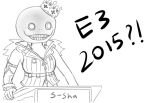  2015 crown drawfag electronic_entertainment_expo emil_(nier) greyscale helmet monochrome neptune_(series) nier_(series) non-web_source parody podium s-sha shirt 