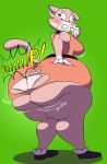  americananomaly_(artist) anthro big_breasts big_butt blush breasts butt butt_expansion cat clenched_teeth clothing english_text feline female green_background hand_on_butt hi_res huge_butt huge_thighs hyper hyper_butt looking_back mammal panties shima_luan simple_background solo squeezing super_planet_dolan teeth text thick_thighs underwear wardrobe_malfunction 