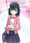  bag bag_charm black_hair black_skirt blue_eyes blurry blurry_background blush bow charm_(object) day hair_ornament hairclip handbag highres holding holding_umbrella jacket medium_hair open_mouth original outdoors petals pink_bow pink_jacket skirt solo standing striped striped_neckwear too-ye umbrella 