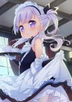  azur_lane belchan_(azur_lane) belfast_(azur_lane) blush braid cup curtains dress eyebrows_visible_through_hair from_side gloves highres indoors lavender_hair long_hair maid_headdress parted_lips purple_eyes skirt_hold sleeveless sleeveless_dress solo teacup teapot tofu1601 tray white_gloves window 