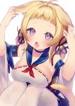  a ahoge animal_ear_fluff animal_ears ariake_(azur_lane) azur_lane bangs bell blonde_hair blunt_bangs blush breasts choker cleavage commentary_request fang flower_knot hair_bell hair_ornament highres jingle_bell large_breasts open_mouth pantyhose purple_eyes ribbon_trim sailor_collar shirako_sei short_hair simple_background sitting slit_pupils solo tail tassel white_background white_legwear wide_sleeves 