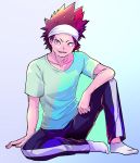  blue_background boku_no_hero_academia collarbone elbow_on_knee headband kirishima_eijirou knee_up looking_at_viewer male_focus pants red_eyes red_hair sharp_teeth shirt simple_background sitting sizimi_mi socks solo spiked_hair t-shirt teeth white_headband white_legwear 