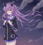  adult_neptune cloud cloudy_sky collarbone commentary_request cowboy_shot crying crying_with_eyes_open d-pad d-pad_hair_ornament evening frown hair_between_eyes hair_ornament hinakurukuru holding_notepad hood hooded_jacket jacket long_hair looking_at_viewer neptune_(series) notepad outdoors purple_eyes purple_hair shin_jigen_game_neptune_vii sky solo tears 