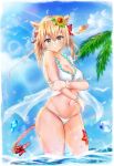  animal_ears beach bikini blonde_hair blue_eyes blue_sky blush bow breasts cat_ears cleavage cloud day droplet final_fantasy final_fantasy_xiv flower glasses groin hair_bow hair_flower hair_ornament hat hat_removed headwear_removed highres looking_at_viewer luminous medium_hair miqo'te navel outdoors sky solo standing starfish straw_hat sunflower_hair_ornament sunlight swimsuit tail tree wading wavy_mouth white_bikini 